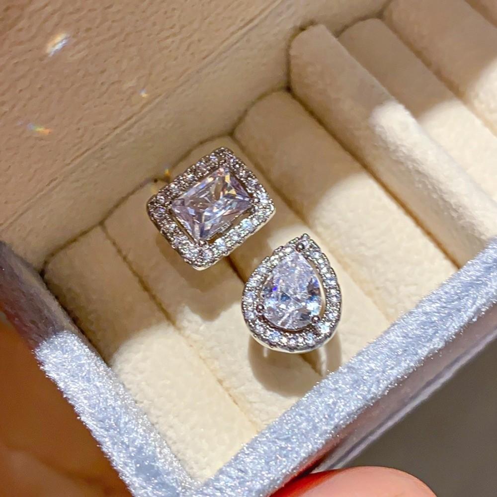 Cubic Zirconia Stone Zircon Square Ring Water Drop Shape Open Ring Design for Wedding Party