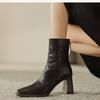 Retro Hand-scratched Square Head Thick Heel Fashion Short Boots Women's 2024 Autumn and Winter Soft Leather High-heeled Martin Boots Versatile Fashion