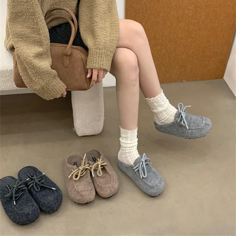 Retro Late Evening Wind Velcro Gray Felt Bag Head Half Slippers Women Wear Autumn and Winter Pedal Platform Shoes
