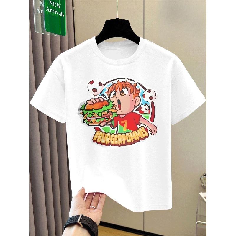 Kids Crewneck T-Shirt, Cartoon No.7 Soccer Player Holding Burger Graphic Casual Trendy Tee 110 белый