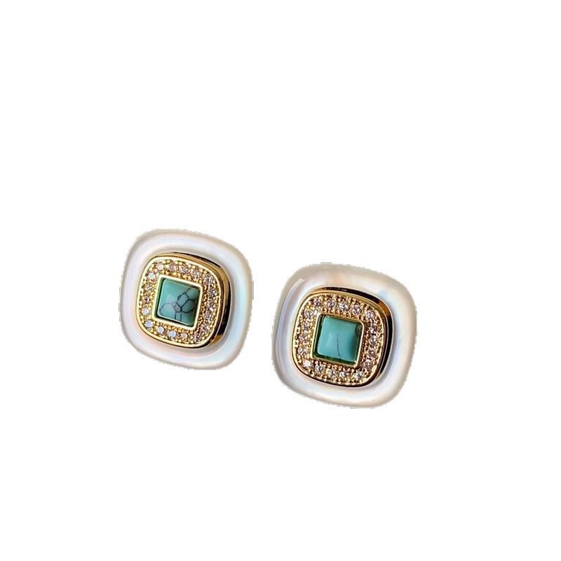 Retro Square Natural Shell Turquoise Stud Earrings: Elegant Light Luxury Women's Ear Ornaments