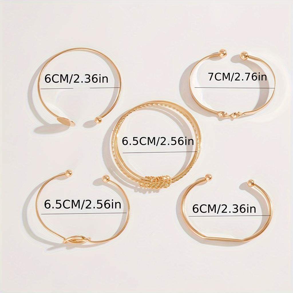 5pcs/set Glossy Alloy Bangle, Minimalist Geometric Round Retro Trendy Knotted Open Cuff Bracelet Set For Women