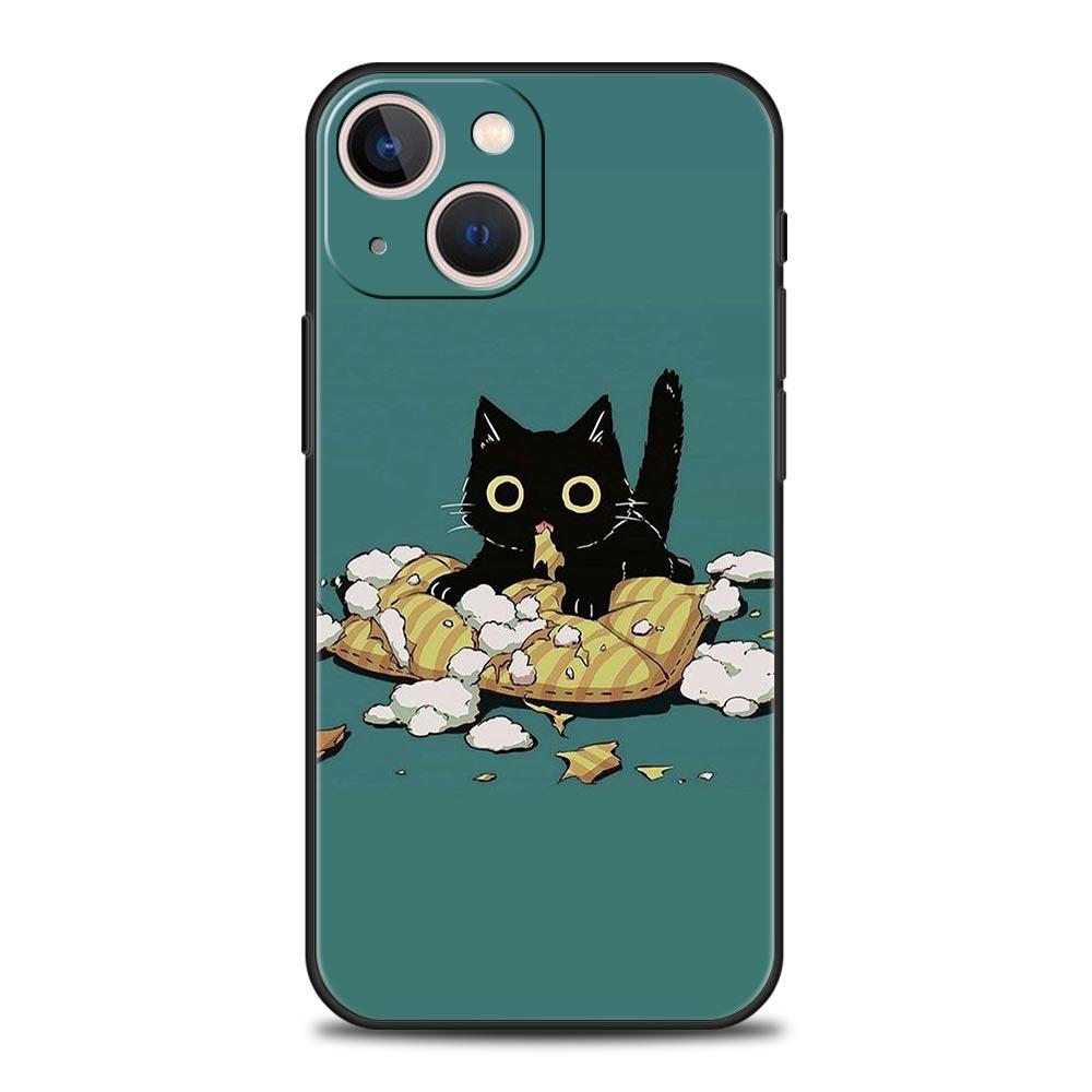 Cute Animals Cat Cartoon Phone Case For iPhone 17 16 15 Pro Max 11 12 13 14 7 8 Plus SE 2020 X XR XS Cover Soft Black