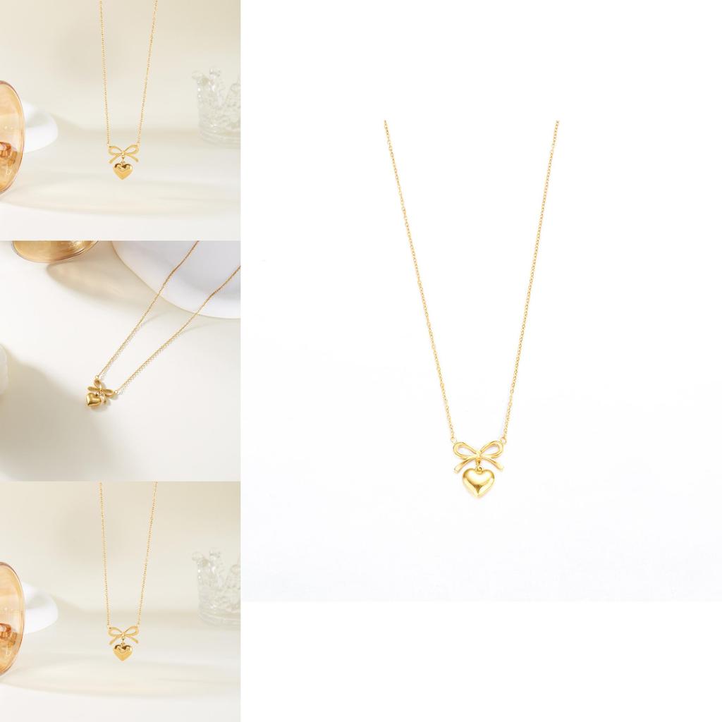 Elegant Heart Shape Pendant Necklace With Butterfly Bow Design In Stainless Steel For Daily Wear