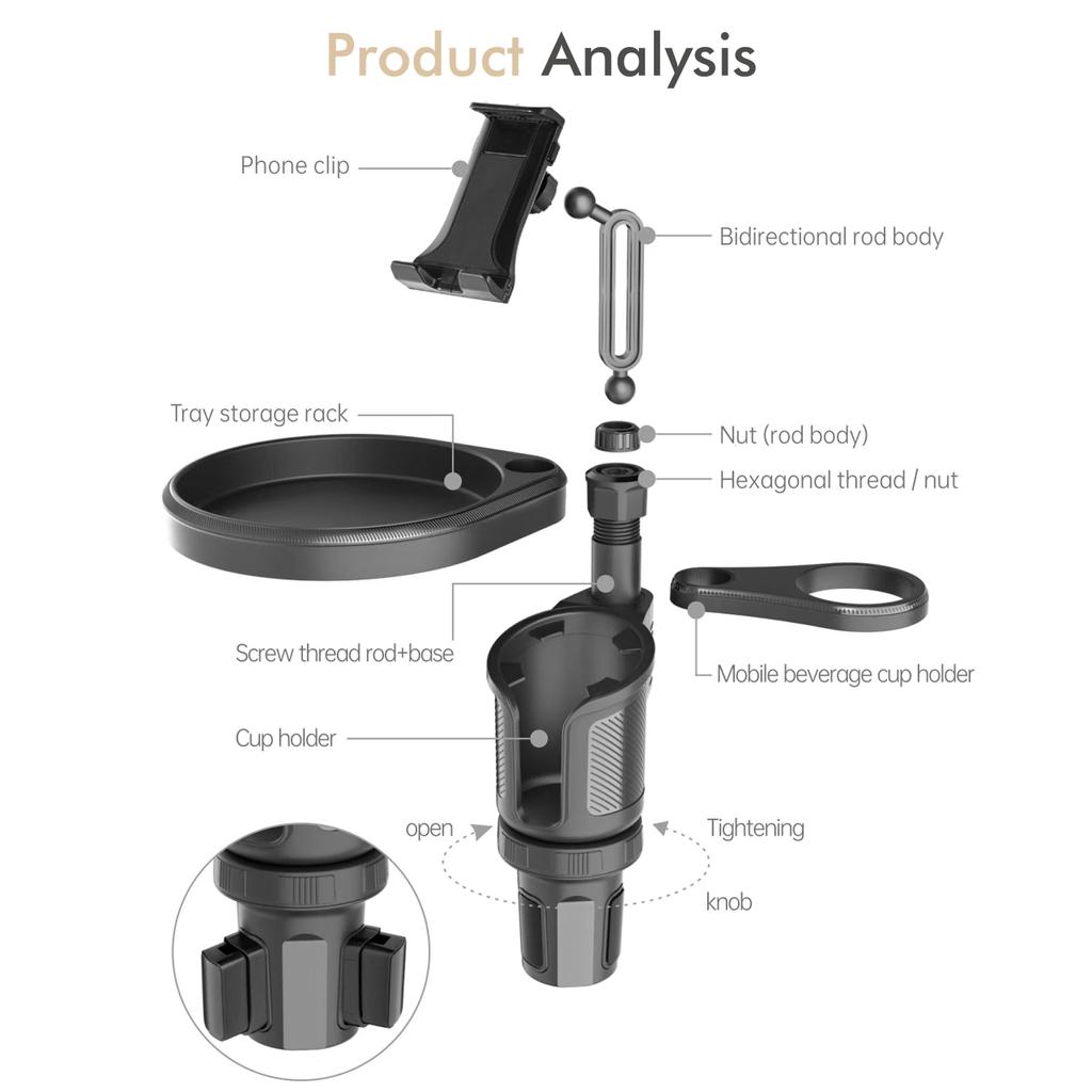 New Adjustable Car Cup Holder Tray with Phone Holder Food Tray Table 2 Cup Holders Road Trip & Car Traveling Essential Gadget