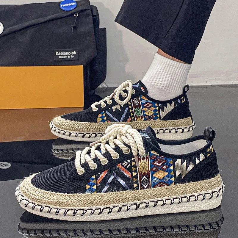 Hot Sale Ethnic Style Men's Canvas Shoes Sewing Casual Flat Shoes Man Breathable Fisherman Shoes Men Espadrilles zapatos hombre
