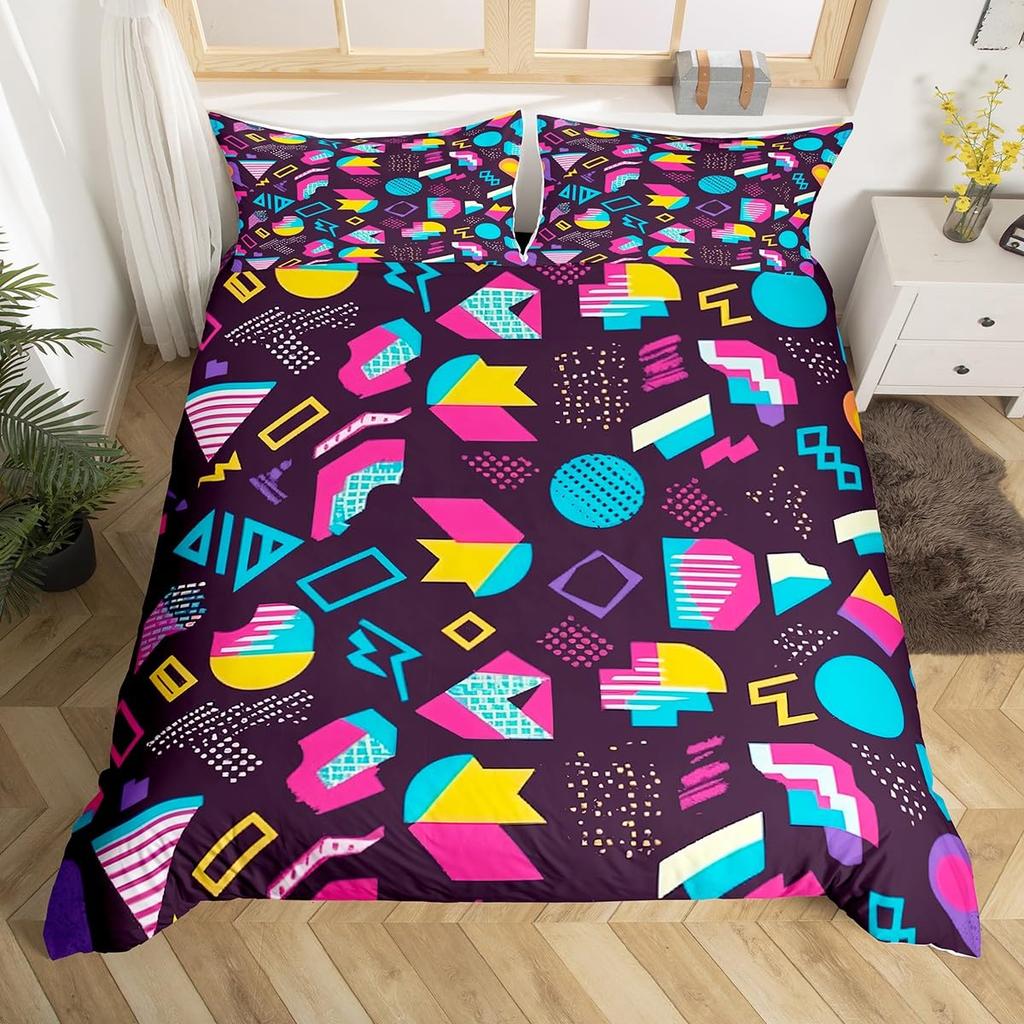 Memphis Geometric Duvet Cover Twin KingRetro Style Round Triangle Shapes Quilt Cover Colorful Graphic 80s 90S Style Bedding Set