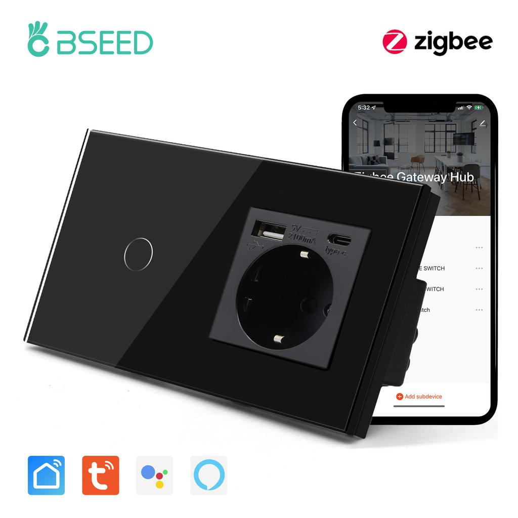 BSEED Zigbee 1/2/3Gang Wall Touch Switches With Normal EU Socket USB Type-C Ports Tuya Smart Life App Ccontrol Glass Panel