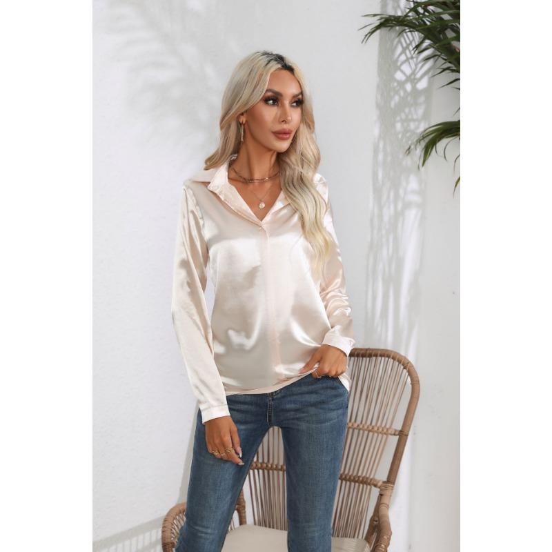 Cămașă de damă de primăvară și toamnă, de culoare uni, cu rever Temperament Commuter, cu mânecă lungă