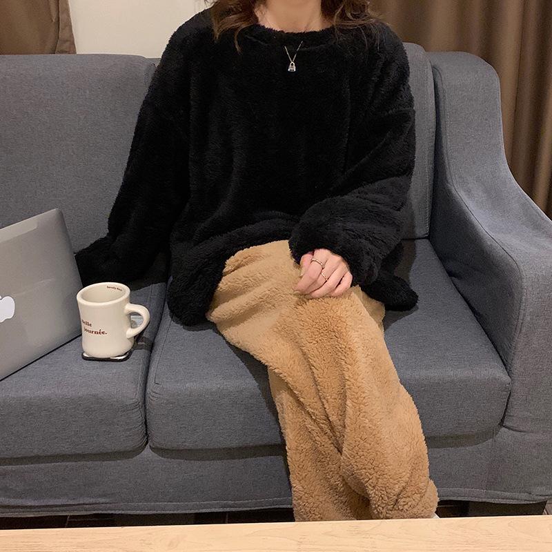 

Женский фланелевый пижамный комплект с круглым вырезом, зимний теплый комплект из 2 предметов для сна, однотонная ночная рубашка, женская пижама, костюм из кораллового флиса, домашняя одежда 2XL