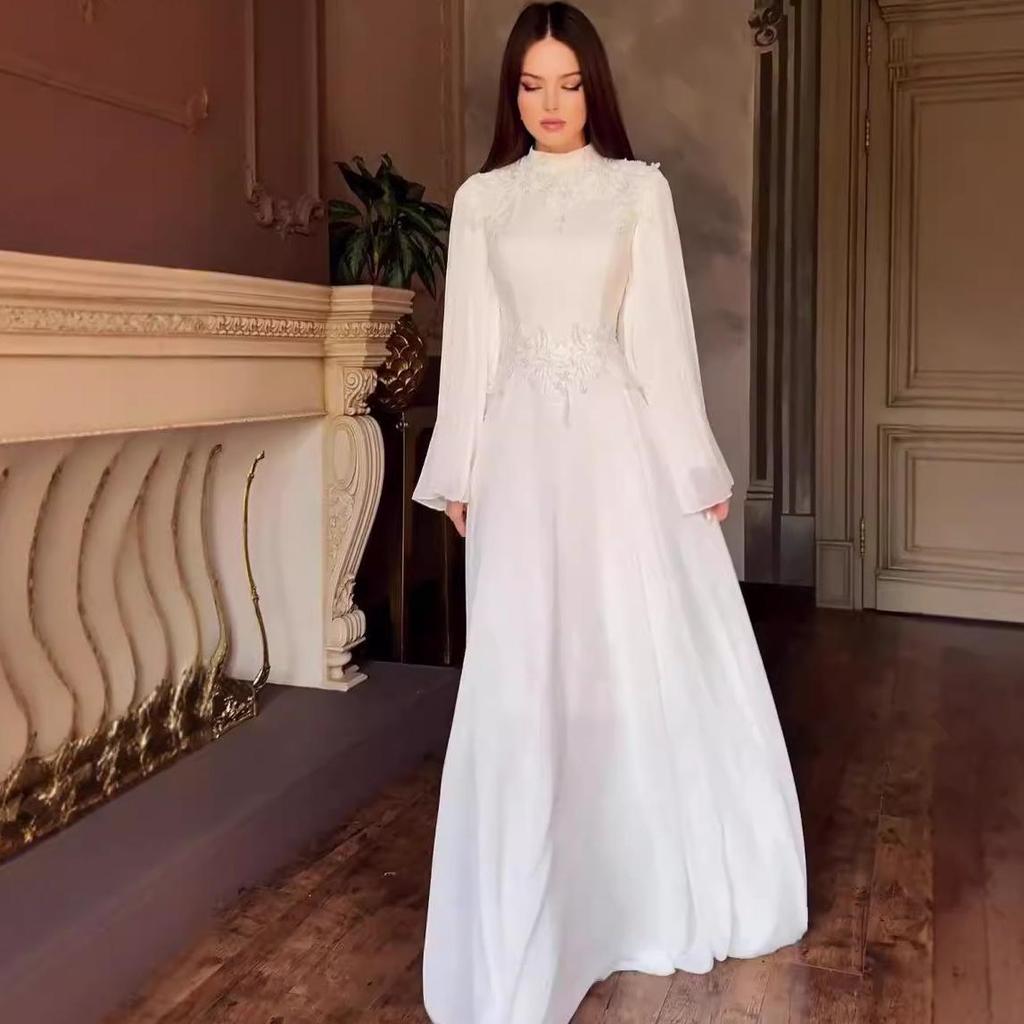 2024 Rochie Maxi Elegantă de Damă, Culoare Solidă, Mânecă Lungă, cu Broderie Bogată și Guler Semi-Înalt