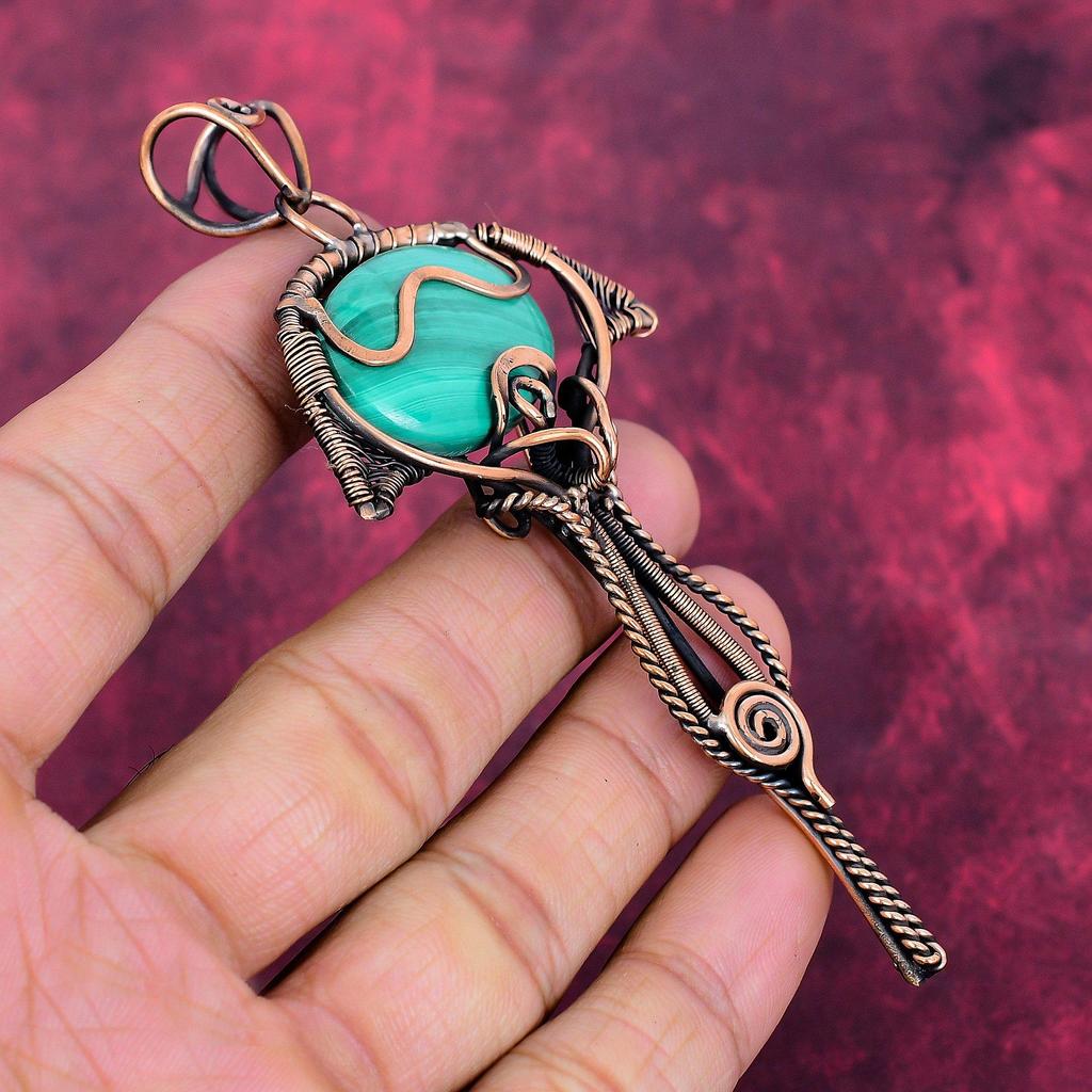 Malachite Gemstone Pendant Copper Wire Wrapped Pendant Handmade Antique Jewelry