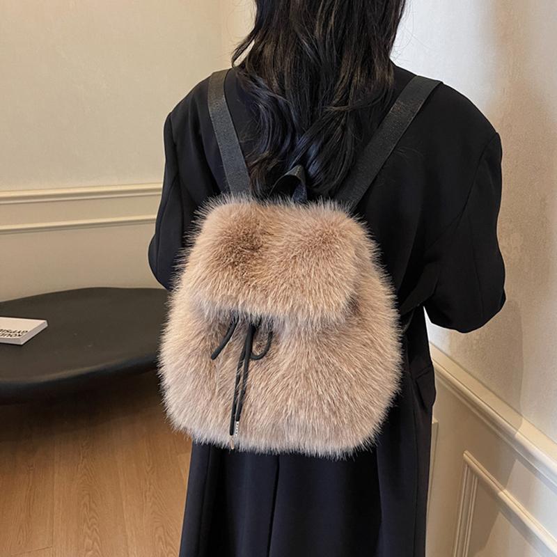 Yogodlns Plush Backpack Women Small Cute Drawstring Fluffy Bag Solid Color Soft Knapsack Winter Warm Faux Fur Shoulder Backpack