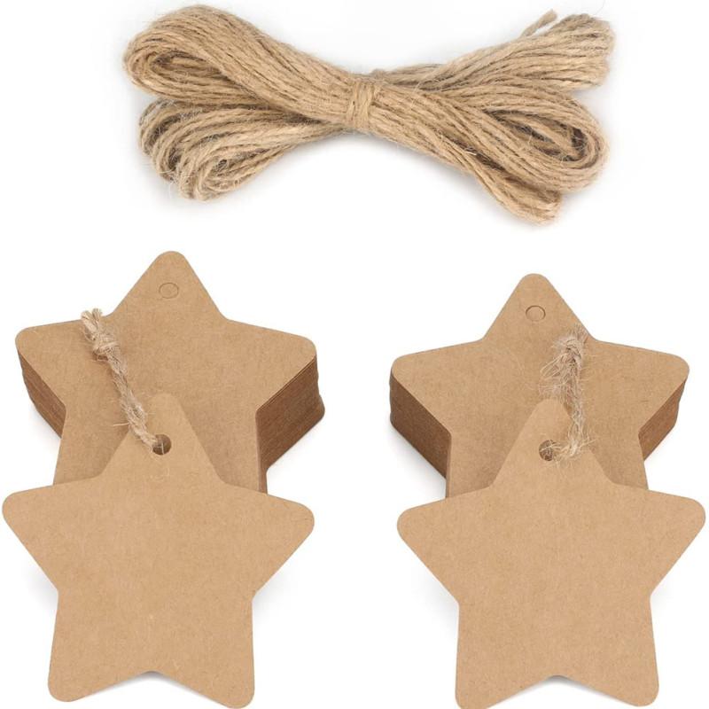 100 szt. Etykieta w kształcie gwiazdy z papieru kraft z jutowym sznurkiem Pusta etykieta Prezent do pieczenia na Boże Narodzenie, ślub, urodziny