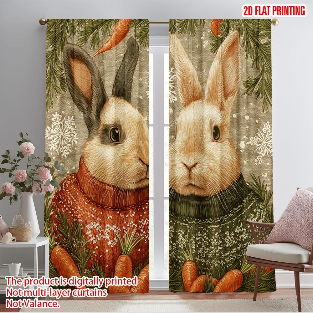 

2pcs,2D plane printing Popular Curtain Panels Rabbit with Pine Branches & Snowflakes Versatile Durable Polyester (without rod) 52.50×116.00 CM 2pcs