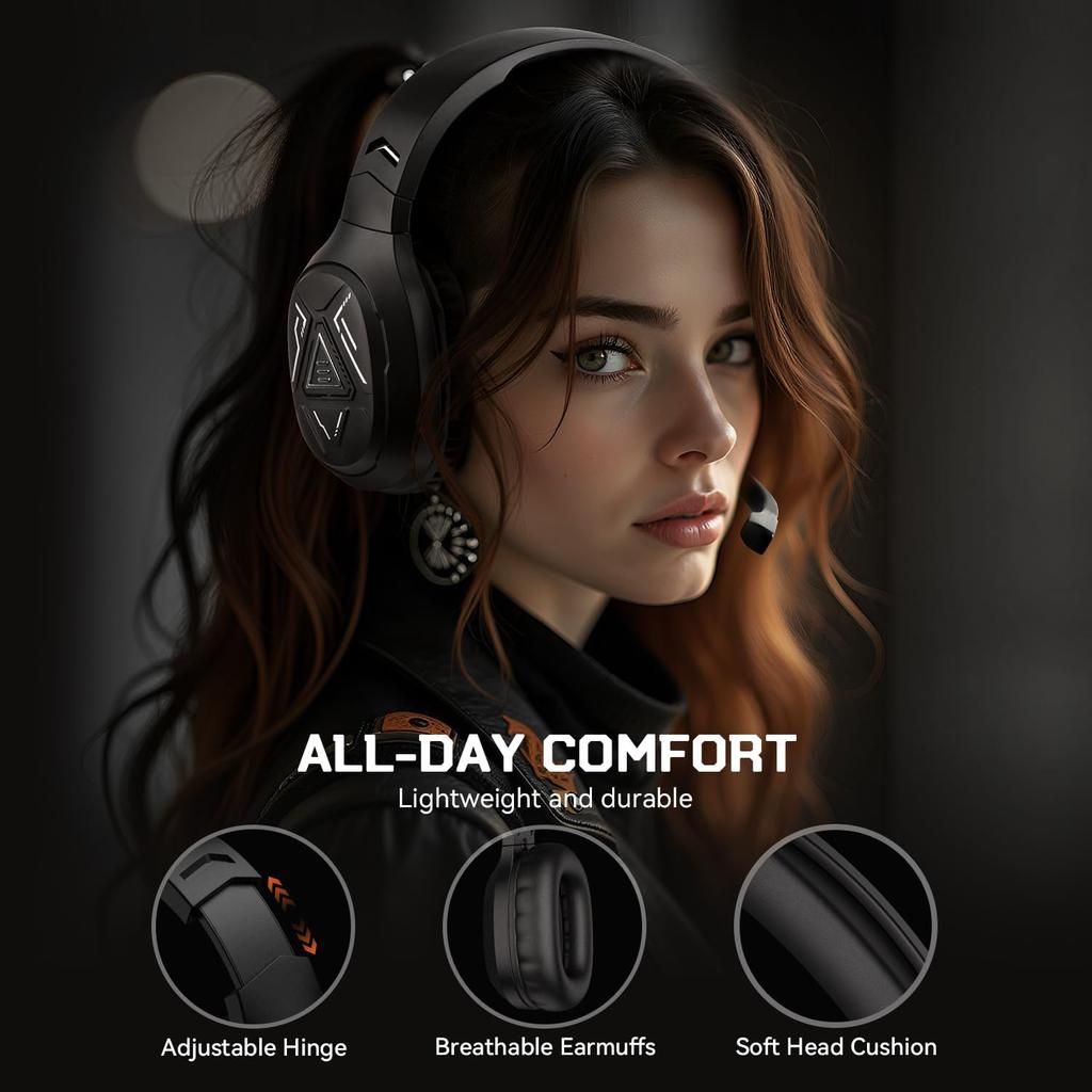 EKSA 2.4GHz Wireless Gaming Headset with Noise Canceling Microphone for PS5, PC, PS4 Bluetooth Gaming Headphones with USB & Type-C Connector, 52Hrs