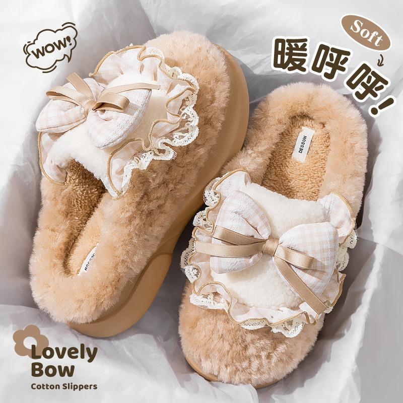 Cartoon Bow Cotton Slippers Women's New Autumn and Winter Indoor Home Plush Warm Cotton Drag Women