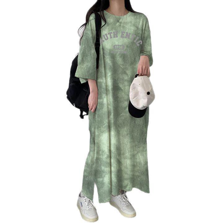 Summer 2024 Tie-Dye Short-Sleeve T-Shirt Dress: Women's Korean-Style Fashionable Print, Loose, Casual Mid-Length 