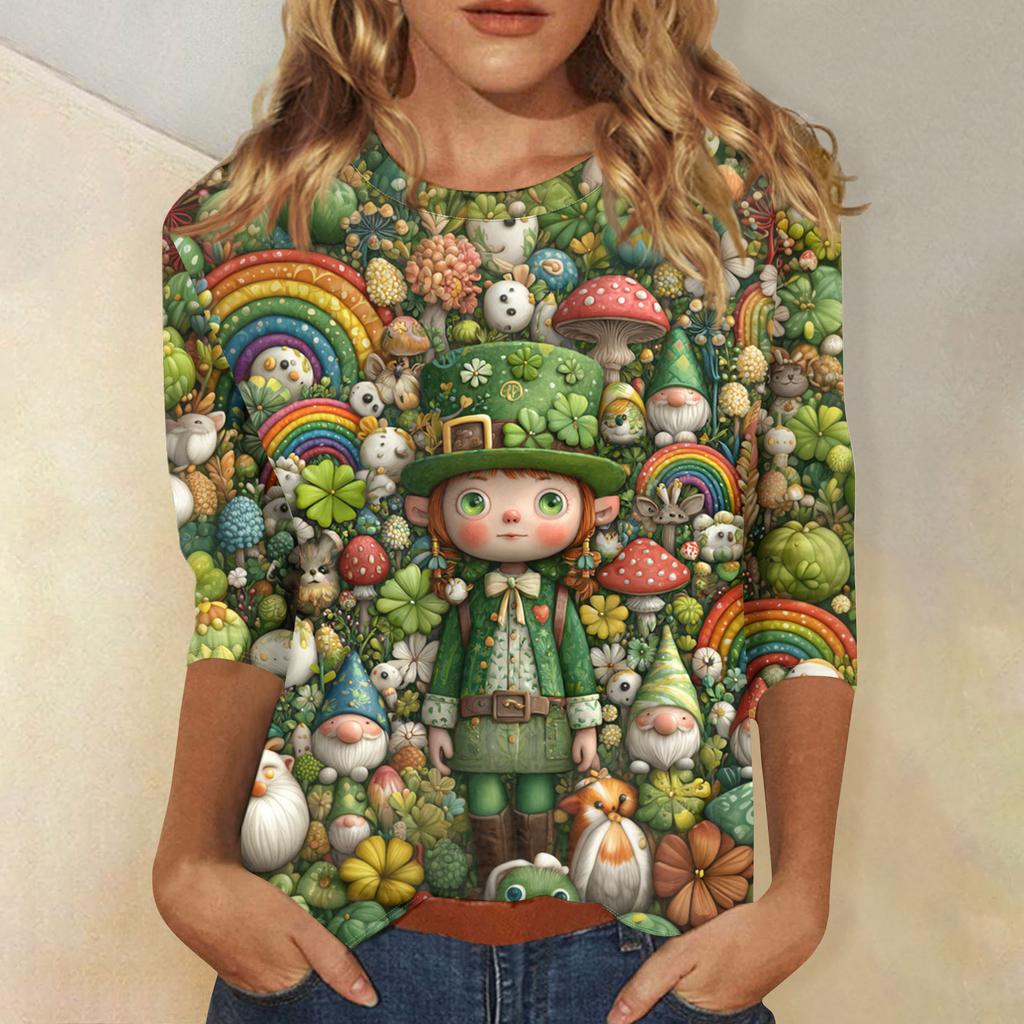 Damenoberteile Dreiviertelarmshirt Rundhalsausschnitt Lockeres Freizeitshirt Druck T-Shirt