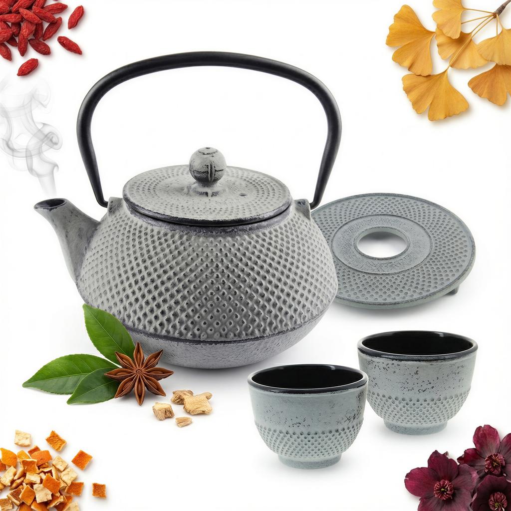 Cast Iron Kettle 0.8L With Infuser + 2 Cups Tea Set