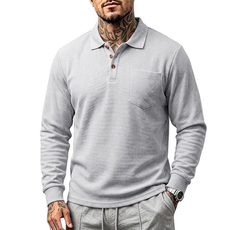 Men S Waffle Knit Long Sleeve Polo Shirt Casual Autumn
