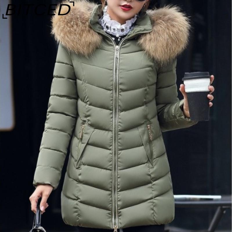 BITCED Winter Coat for Women - Mid-Length Slim-Fit Cotton Jacket with Large Fur Collar and Down-Filled Quilted Design