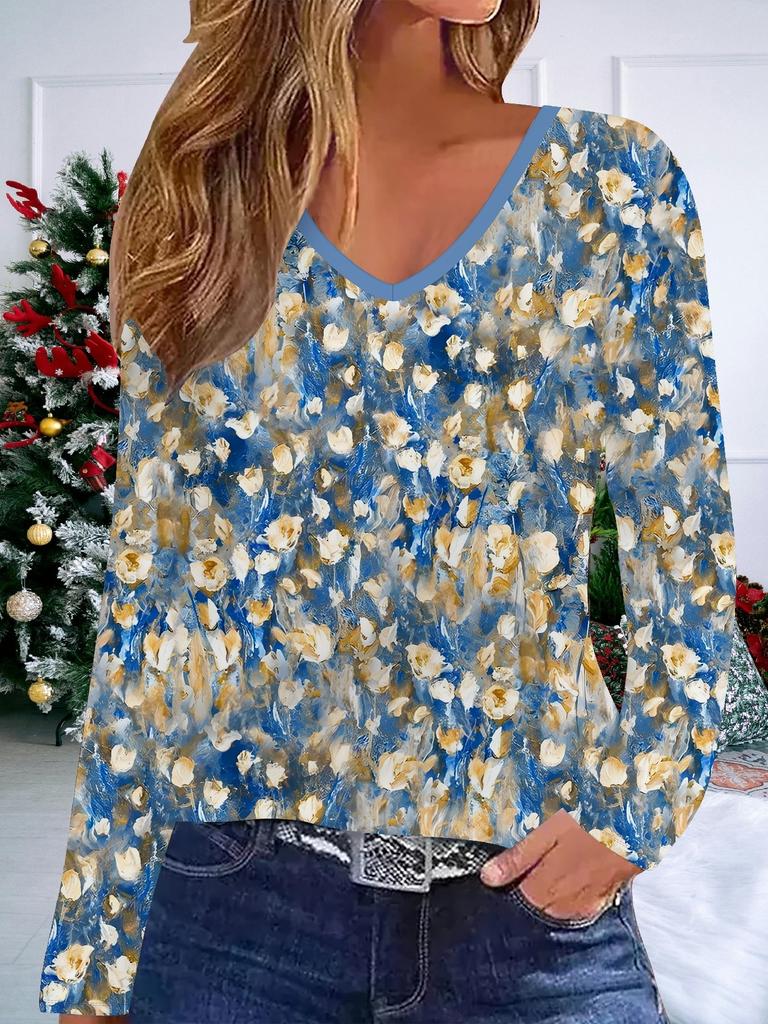 3D Blumenmuster Mode Lässig Damen V-Ausschnitt Langarm T-Shirt - Neujahrsparty Kleidung Weihnachtsgeschenk
