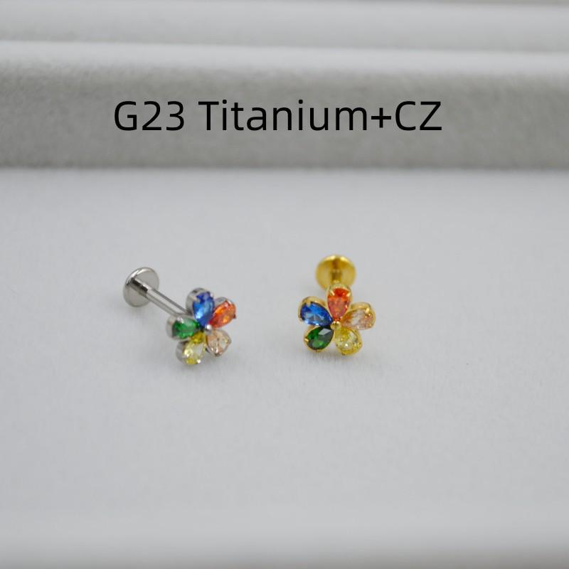 G23 Titanium Flower Diamond Inlay Lip & Tragus Piercing Stud