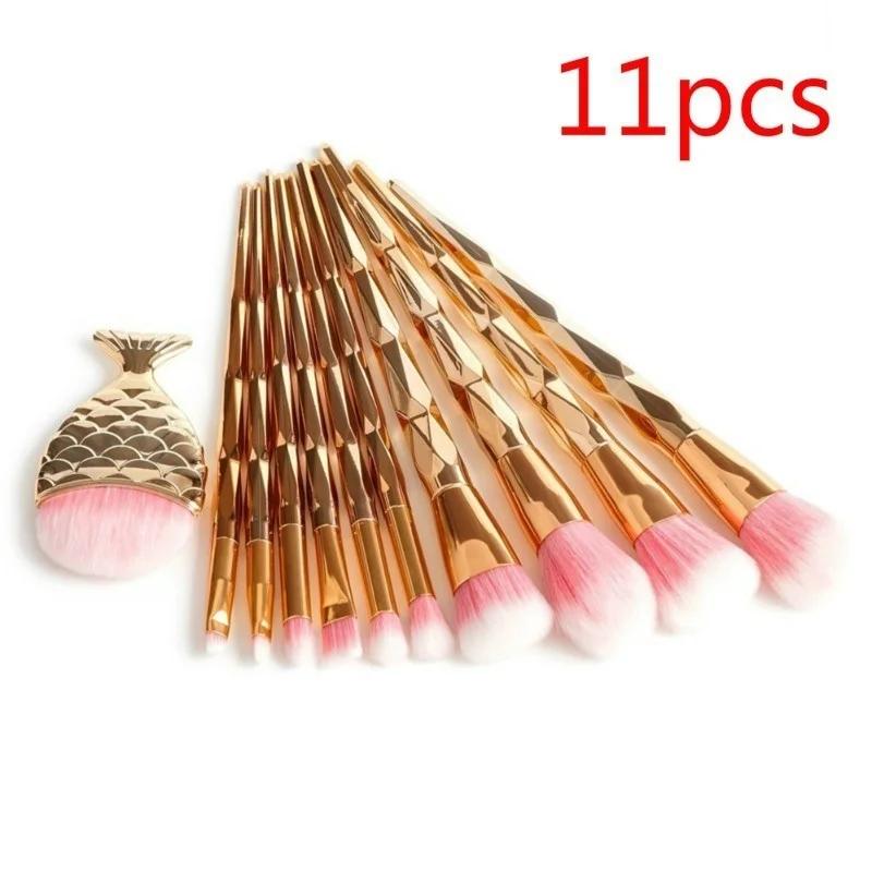 

11 шт., набор кистей для макияжа с бриллиантами и розовым золотом, набор кистей для макияжа в форме русалки, рыбий хвост, пудра, косметическая кисть, набор кистей для теней для век радуги 11pcs