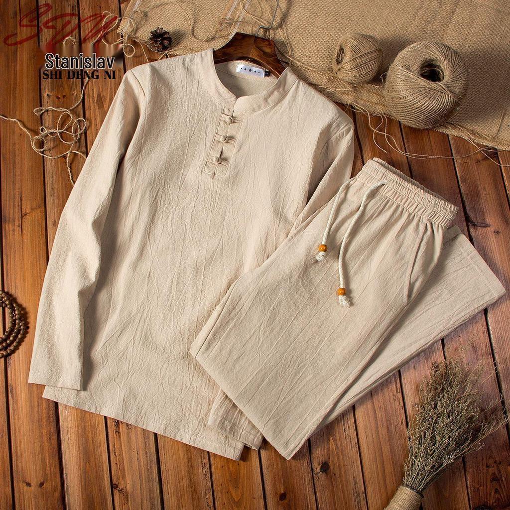 Men's Cotton-Linen Chinese Style Suit: Long-Sleeved, Loose Fit for Middle-Aged and Elderly - Perfect for Spring and Autumn.