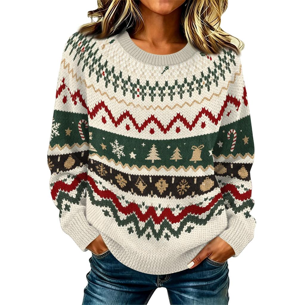 Maglione da Donna Casual a Manica Lunga con Scollo e Stampa Natalizia per le Feste