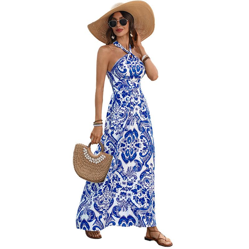 Spring and summer new blue and white porcelain printed neck dress European and American vacation beach dress women