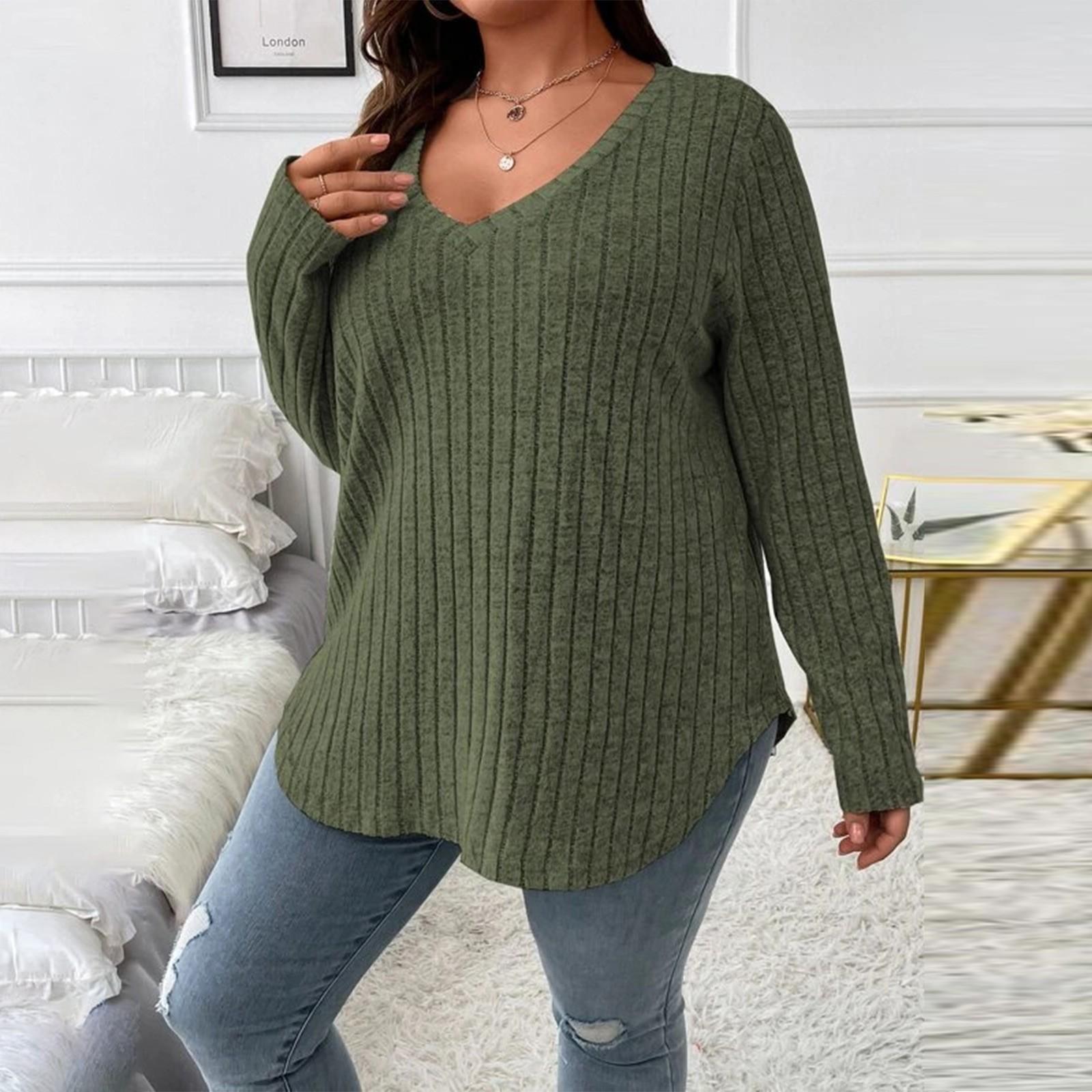 

Женские И Зимние Однотонные Большого Размера Топы V-образный вырез Длинный рукав Полоска Фрезерованная Свободная Футболка-пуловер XXL