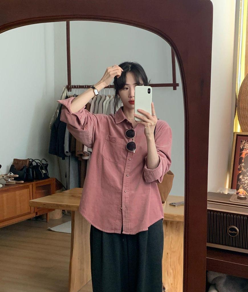 Damen Retro Rosa Cordhemdjacke - Herbst/Winter Langarm Oberteil