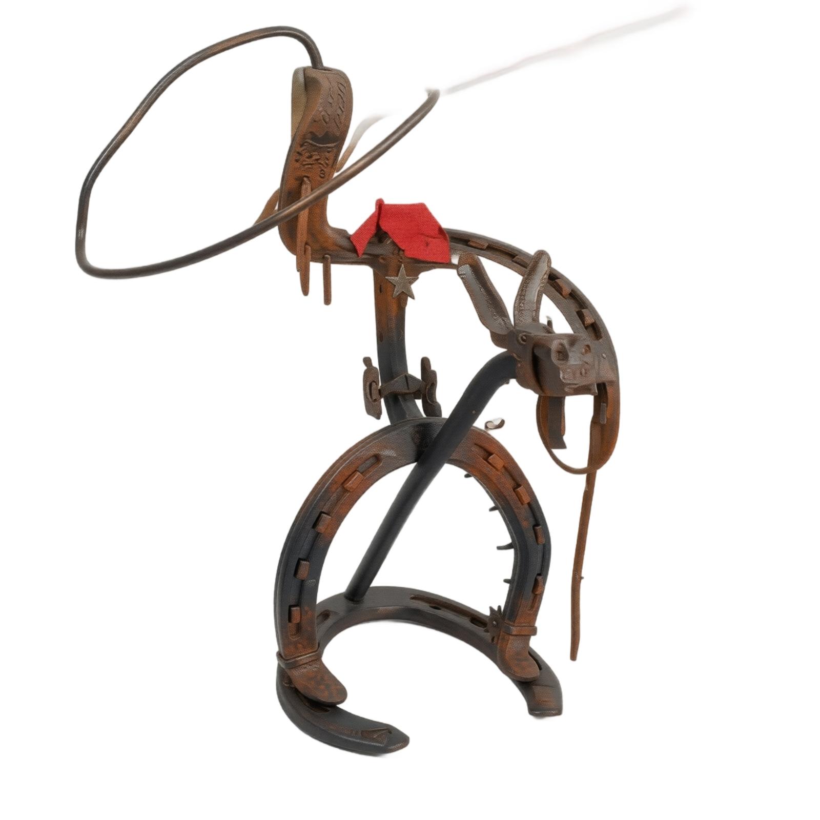 

Western Style Cast Iron Horseshoe Sculpture Cowboy Lasso Hat Metal Art Decorative Figurine Rustic Home Decor One Size