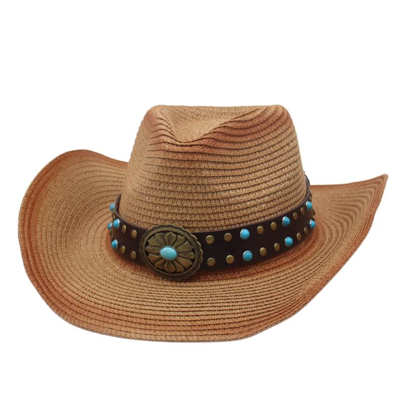 Turquoise Totem Hollow Straw Hat Female Summer Outdoor Travel Shading Mountaineering Western Cowboy Straw Hat Male