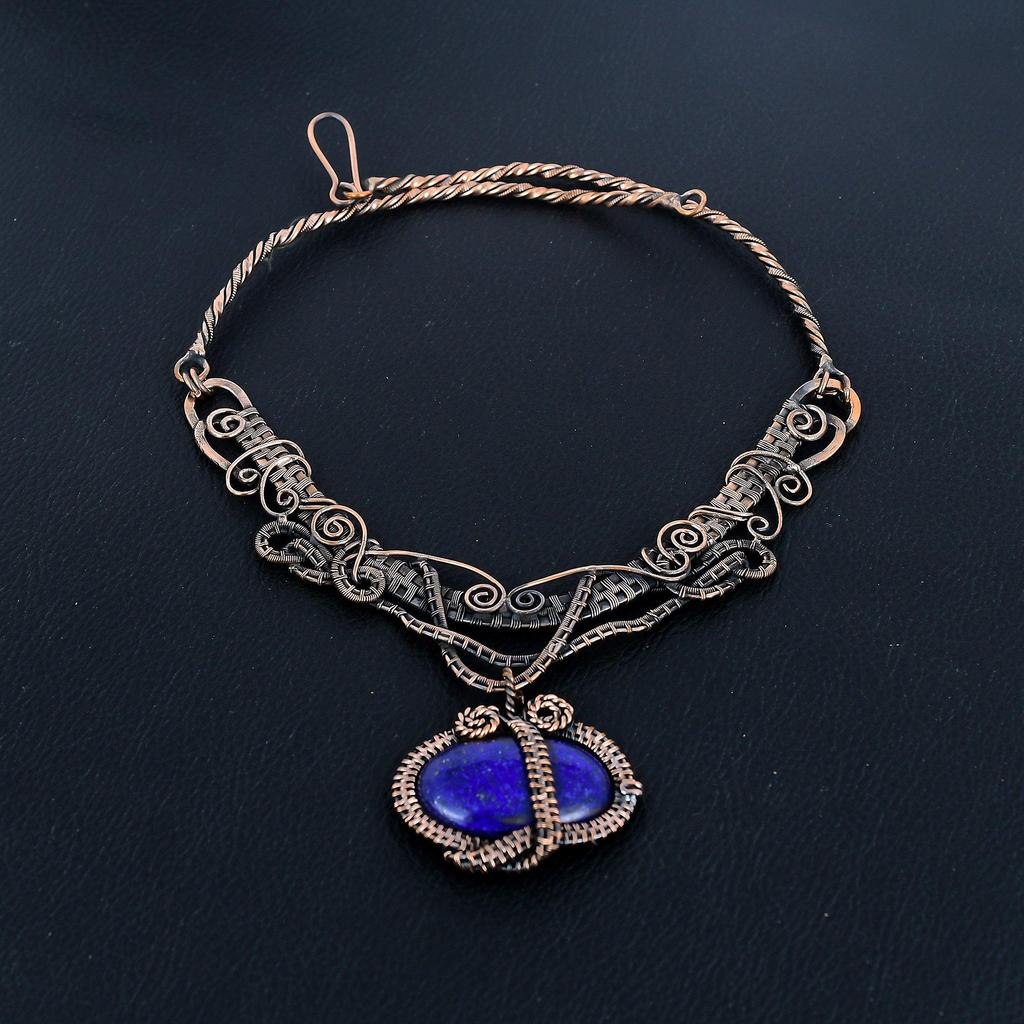 Lapis Lazuli Necklace Handmade Jewelry, 999 Copper Wire Wrapped Necklace Designer Gemstone Jewelry Adjustable Chain Necklace Gift For Mom