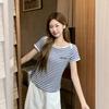 Korean Striped Contrasting Color Embroidered Short-sleeved T-shirt Women's Summer New Loose and Thin Niche Design Top