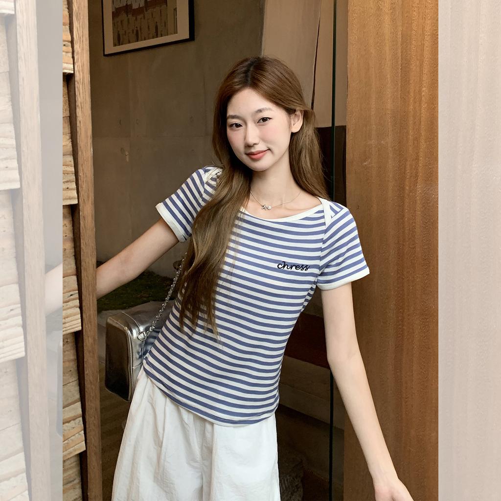 Korean striped contrasting color embroidered short-sleeved t-shirt women's summer new loose and thin niche design top