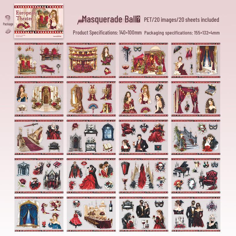European Theatre Retro Sticker Book: 20 Pcs Journal Collage, 4 Styles - A Beautiful Day Theme.