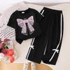 Modisches schwarzes Anzug-Set für Mädchen Sommer Kinder Freizeit Kurzarm-T-Shirt mit Schleifenkragen und lockerer Hose