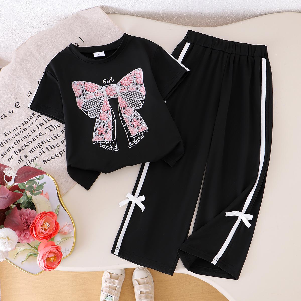 

Girls Fashionable Black Suit Summer Children s Casual Bow-neck Short-sleeved T-shirt and Loose Pants Set 7Y чорний