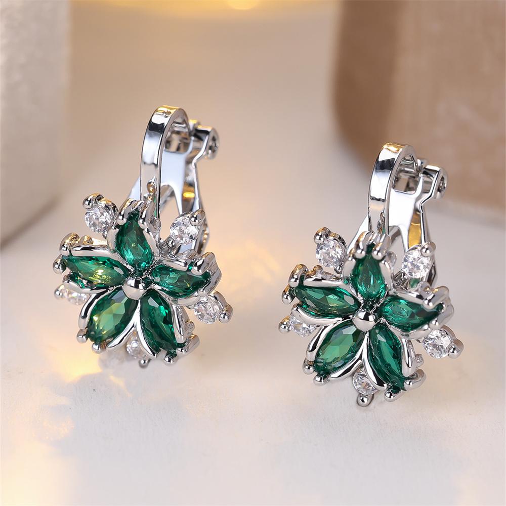 Rainbow Zircon Cute Flower Earring Multicolor Crystal Sakura Clip Earrings For Women Vintage Silver Color Bridal Wedding Jewelry
