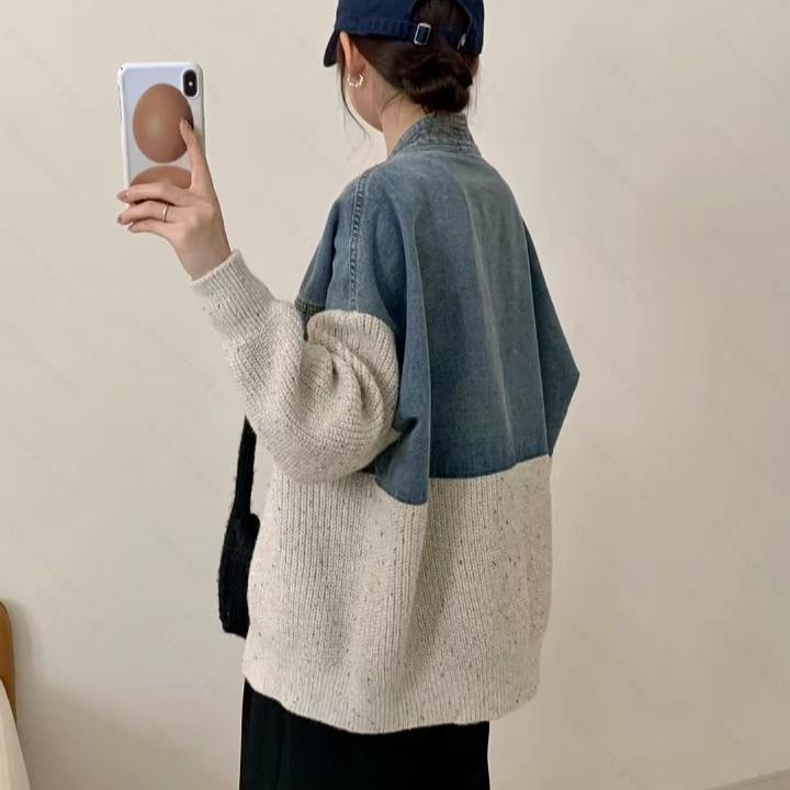 Dimanaf 2025 Autumn New Jacket Women Sweaters Coat Patchwork Wadded Coat Cardigan Knitting Pockets Fake Two-Piece Sweater