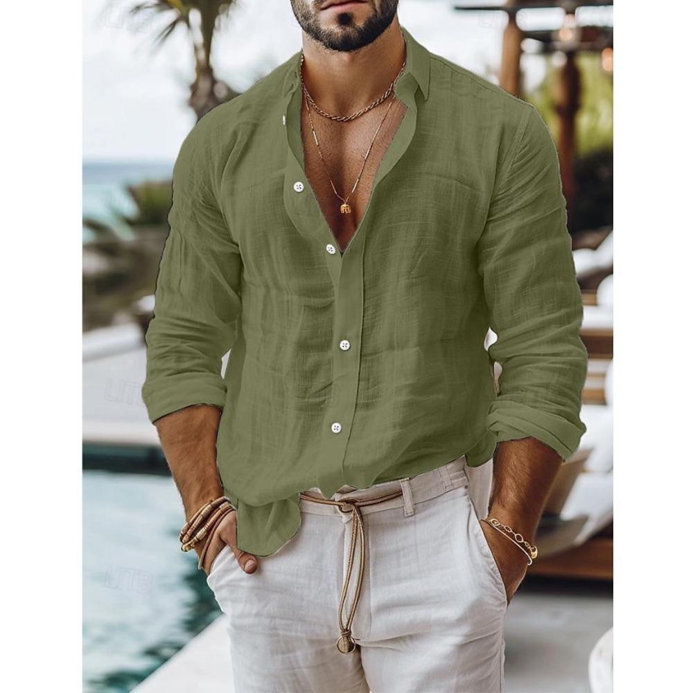 Men's Solid-Colour Cotton-Linen Blend Shirt Casual Style Long-Sleeved Business Casual Shirt
