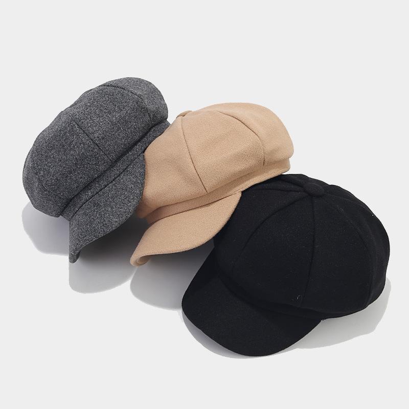 Women's Autumn & Winter British-Style Versatile Wool Beret Visor Hat - Face-Slimming Warm Octagonal Hat, Large Head Newsboy Cap