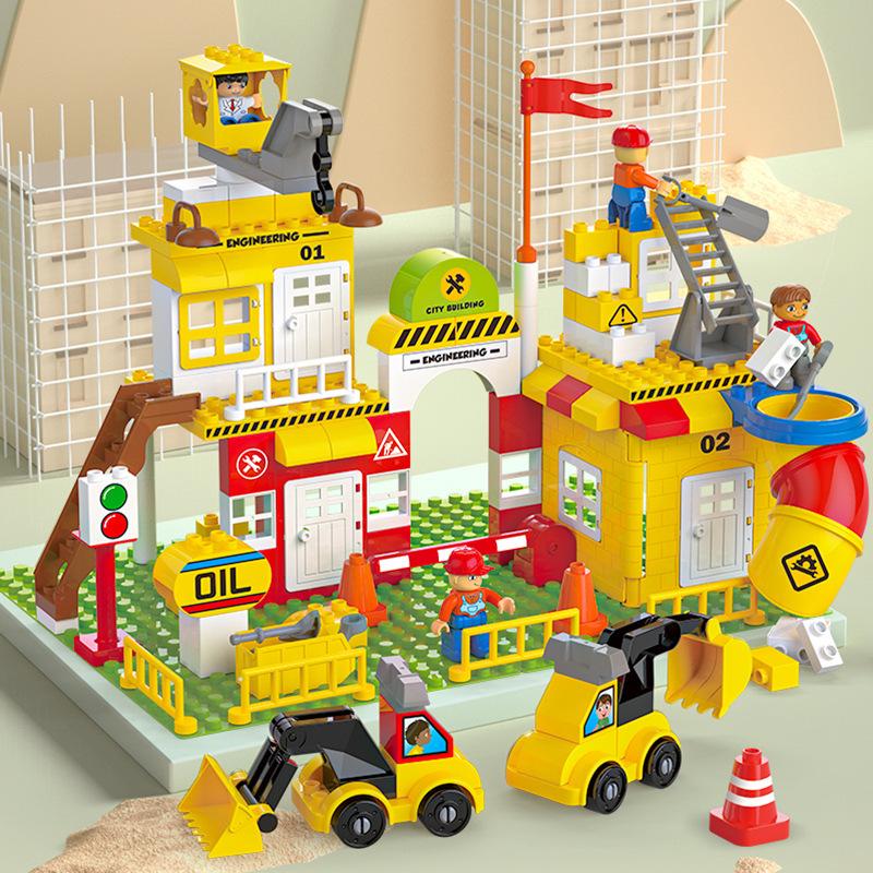 Children's Educational Building Blocks - Police and Fire Station Set with Engineering Vehicles, Large Pieces, Ideal Gift for Boys