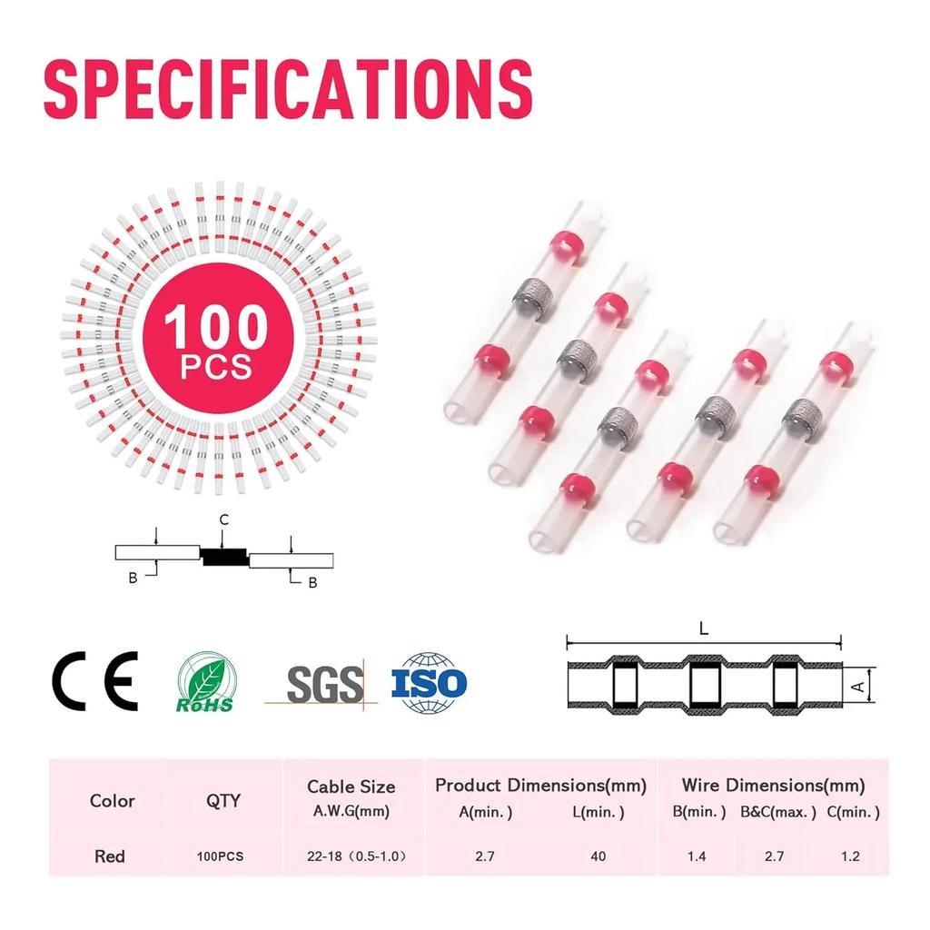 100PCS Heat Shrinkable Wire Connectors SST Waterproof Sleeve AWG26-10 Butt Electrical Splice Tinned Solder Seal Terminal