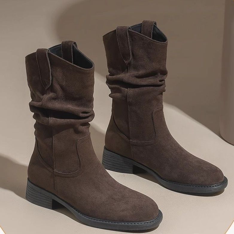Fashion versatile and comfortable boots for women 2025 new retro style thin non-slip one-pedal pleated stacked boots for women