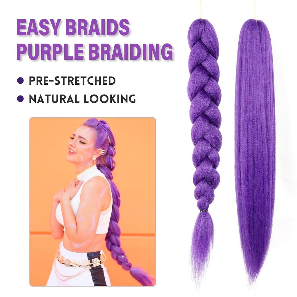 Purple Braiding Hair Extensions, Synthetic Pre-Stretched Purple Braiding Hair for Braids Cosplay Halloween Stage Performances